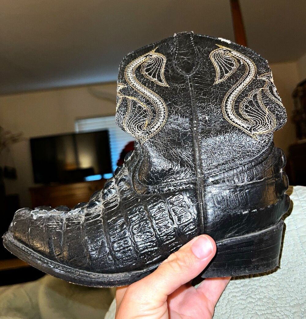 Vintage Bonanza Kids Youth Cowboy Boots 4Y Black Caiman Alligator Leather Mex 21
